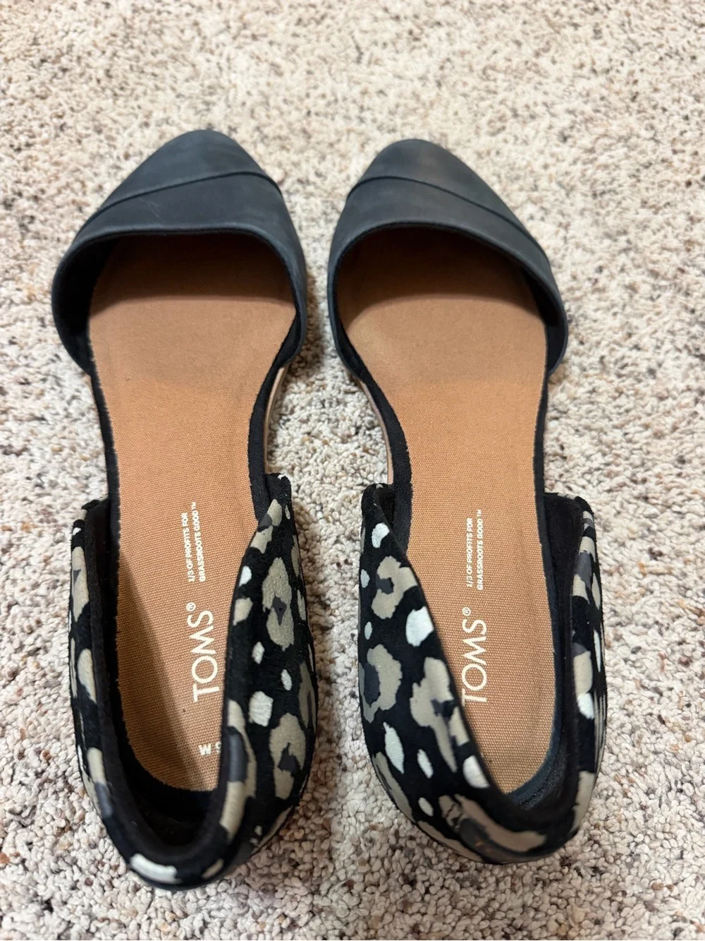 TOMS Black Flats with Black & White Leopard Heel Accent